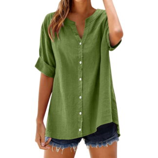 TRUBKH linen shirts for women Plain daily commute linen button down shirt women linen V-Neck cotton linen tops for women Round neck embroidery Boho Dressy Casual V-neck Casual formal wear Green XL