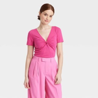 Women's Short Sleeve V-Neck Linen T-Shirt - A New Day™ Pink L