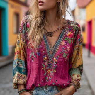 Peasant Blouses for Women Embroidered 3/4 Sleeve Summer V Neck Loose Fit Bohemian Tops Boho Clothes by Yigetop Red L