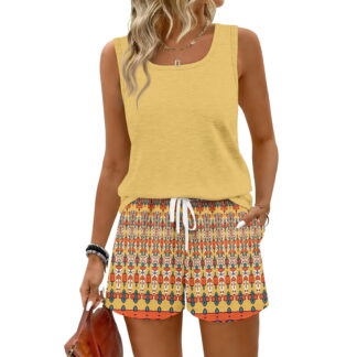 Bbyeadc 2-Piece Short Set for Women, Sleeveless Tank Top and Drawstring Shorts, Yellow (L)