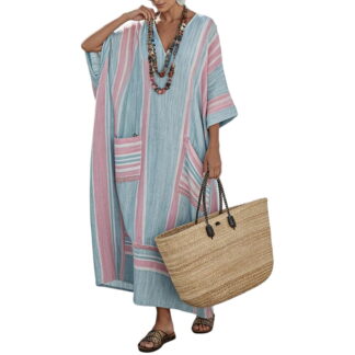 Dress for Women V-Neck Half Sleeve Striped Patch Pocket Kaftan Maxi Casual Boho Beach Cover Up Dresses Blue L