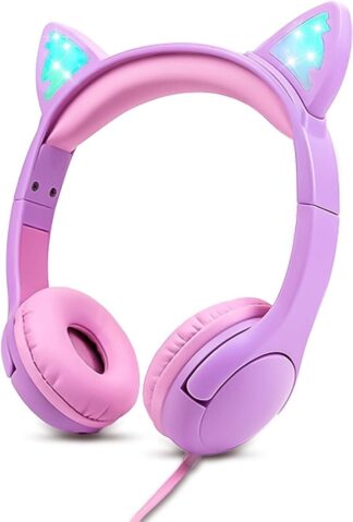 Olyre Cat Ear Kids Wired Headphones with Microphone, 85dB Volume Limited, RGB Lighting, Purple
