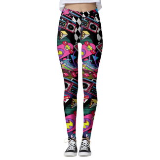 KHONTS Women's 80s Leggings Neon Artistic Splash Printed Soft Stretchy Pants Running Workout Leggings Athletic Yoga Pant