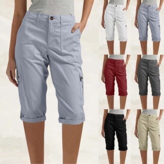 ClodeEU Women's Knee Length Cargo Capri Pants,Casual Rolled Hem Cropped Shorts with Pockets White,Women's Plus XL