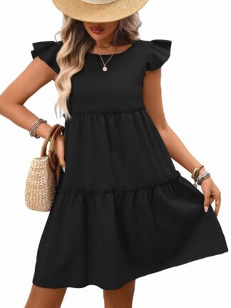 Women'S Summer Dresses Sleeveless Ruffle Sleeve Round Neck Flowy Pleated Mini Babydoll Dress Black L