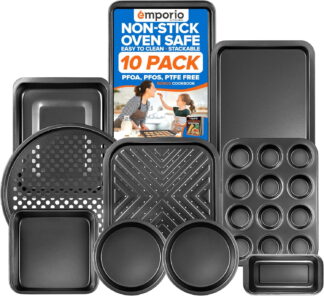 Stackable Baking Pan Set - Nonstick Gray Coating, Carbon Steel Bakeware Set, Recipe Booklet Included, Oven Safe Tray (Up