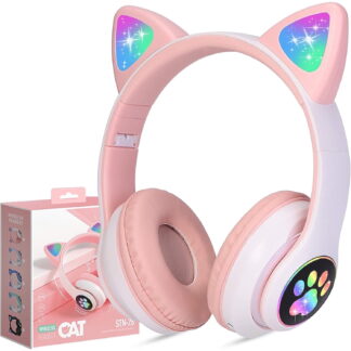 Leyeet Kids Wireless Headphones, Cat Ear LED Light Up Bluetooth Foldable with Microphone, Pink