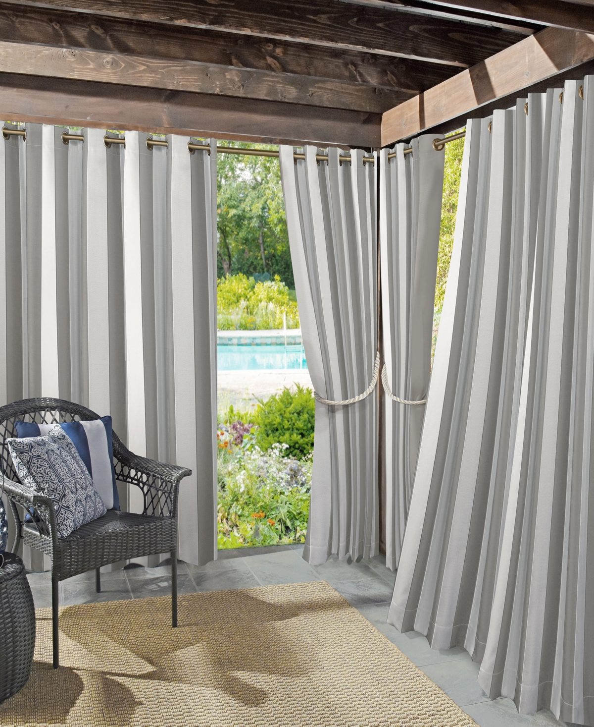 Sun Zero Valencia Cabana Stripe Indoor/Outdoor Uv Protectant Room Darkening Grommet Curtain Panel 54 X108 Gray 54 X108 Gray/Stripe