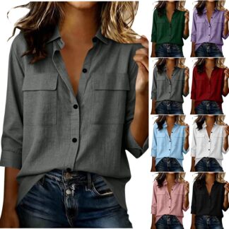 HongQid 3/4 Sleeve Button Down Work Shirt for Women Cotton Linne Collared Double Chest Pocket T Shirt Lightweight Casual