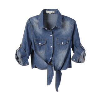 Brnmxoke Women's Cropped Denim Jacket Plus Size Casual Roll Up 3/4 Sleeve Tie Front Knot Shirt Distressed Collared Long