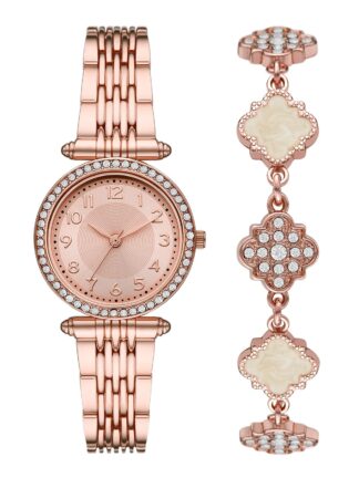 Time & Tru Women's Wristwatch Set: Rose Gold Tone T-Bar Watch and Bracelet Set Crystal Accents (FMDXTT046)