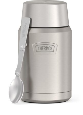 Thermos Vacuum Insulated Food Jar w/ Folding Spoon, 24oz, Matte Stainless, Well Suited to Hot or Cold Meals Away from Ho