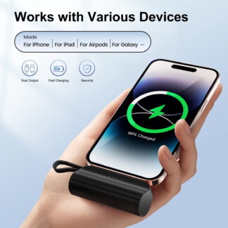 2-in-1 Power Bank with Built-in USB-C Connector, 5000mAh Portable Charger 22.5W, Black