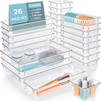 26 PCS Drawer Organizer Bins, 4 Size Clear Plastic Stackable Vanity Drawer Organizer and Storage