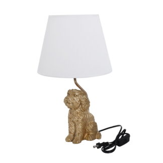 Yucurem 17.7" Golden Resin Dog Table Lamp with White Linen Shade, Aesthetic Nightstand Lamp