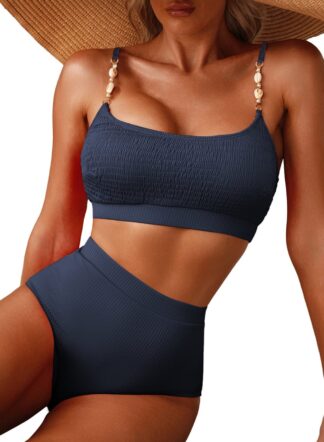 Eytino Women's Bikini Swimsuits Shell Strap Bikini Set Shirred Solid Color High Waisted Bathing Suits for Women Two Piece Swimsuit 2025 Summer Swimwear Navy Blue S