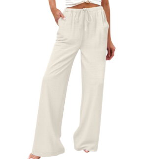 WMTBSRSW Womens Wide Leg Linen Pants Tall Summer Beach Palazzo Pants with Pockets Loose Casual Drawstring Trousers Beige2 Medium