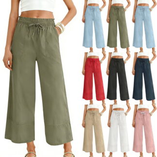 FNFYFH Womens Wide Leg Ankle Pants Drawstring Elastic Waist Cotton Pants Casual Comfort Lounge Pants with Pockets