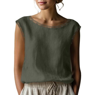 VEKDONE Cotton Linen Gauze Tank Top, Sleeveless Crewneck Lace Trim, Army Green L