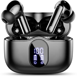Wireless Earbuds, Bluetooth 5.4 Bass Stereo, Noise Cancelling Mic, LED Display, IP7 Waterproof, Black