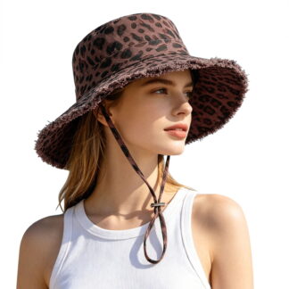 Bibifish Womens Bucket Hat Vintage Leopard Print Frayed Edge Cap Outdoor Protection Hat With Adjustable Chin Strap