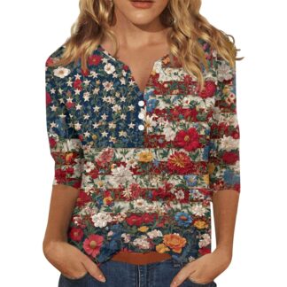 Red White and Blue Blouse Women 1776-2026 American Flag Henley 3/4 Sleeve Tops 4th Of July Stars and Stripes Casual Tuni