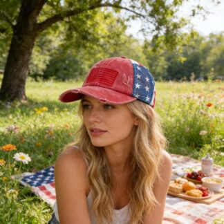 BVEBJDX Americans Flag Baseball Cap Embroidered Distressed Ponytail Hat For Women Adjustable Mesh Back Outdoor Summer