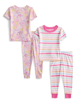 Wonder Nation Toddler Boys or Girls Cotton Short Sleeve Top and Pants Pajama Set, 4-Piece, Sizes 12M-5T