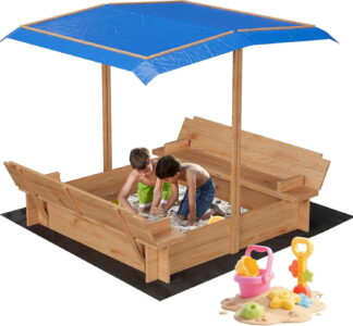 Kids Outdoor Sandbox with Cover Garden Bed, Children's Round Sandbox for Backyard, Brown