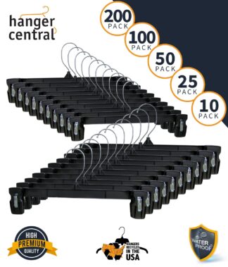Hanger Central Recycled Black Heavy Duty Plastic Pants & Skirt Bottom Hangers with Padded Pinch Clips and Polished Metal Swivel Hooks