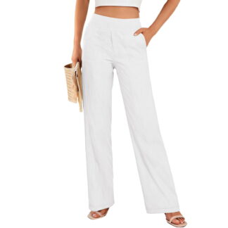 ITSAME Women's Cotton Linen Pants, Straight Leg High Waist Loose Fit Casual Pants with Pockets White Size M
