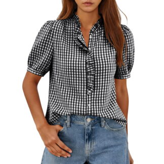 Ichuanyi Womens Button Down Plaid Shirts Short Sleeve Loose Summer Tops Dressy Casual V Neck Business Work Blouses