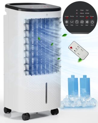 ALPULON 3-in-1 Evaporative Air Cooler, Portable Air Conditioner Fan with Remote, 4L Tank, Honeycomb Pad, 2 Ice Boxes, 3